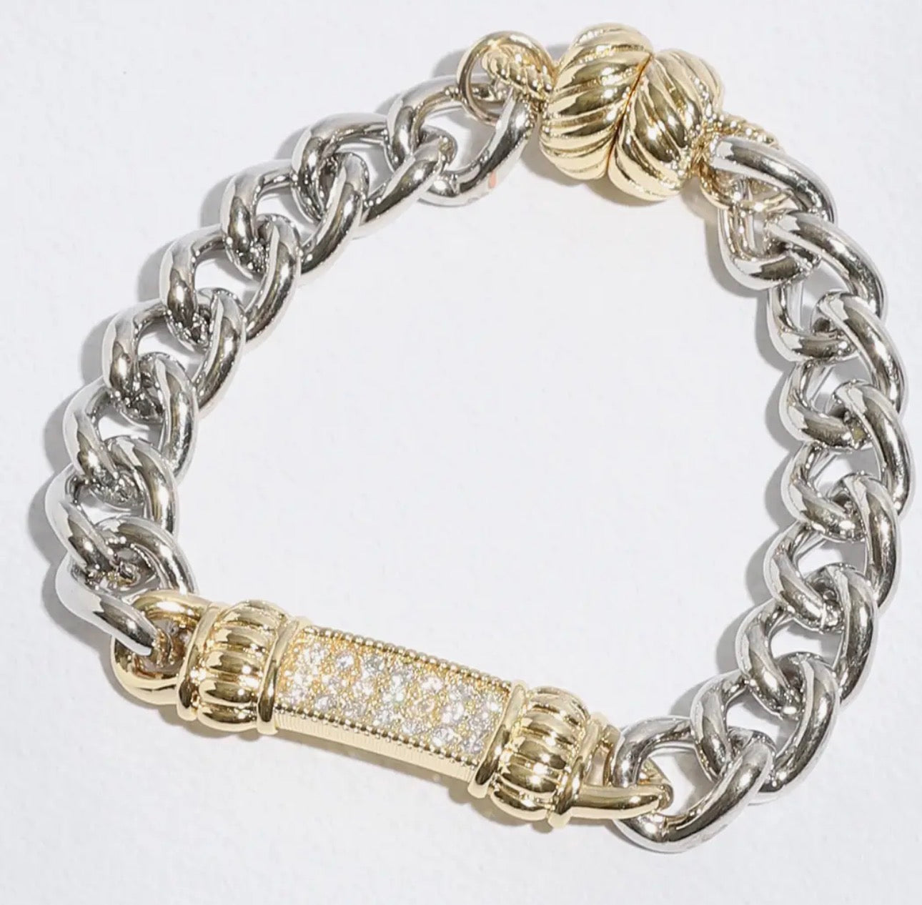 Cz Stone Paved Bar Pointed Chain Magnetic Bracelet