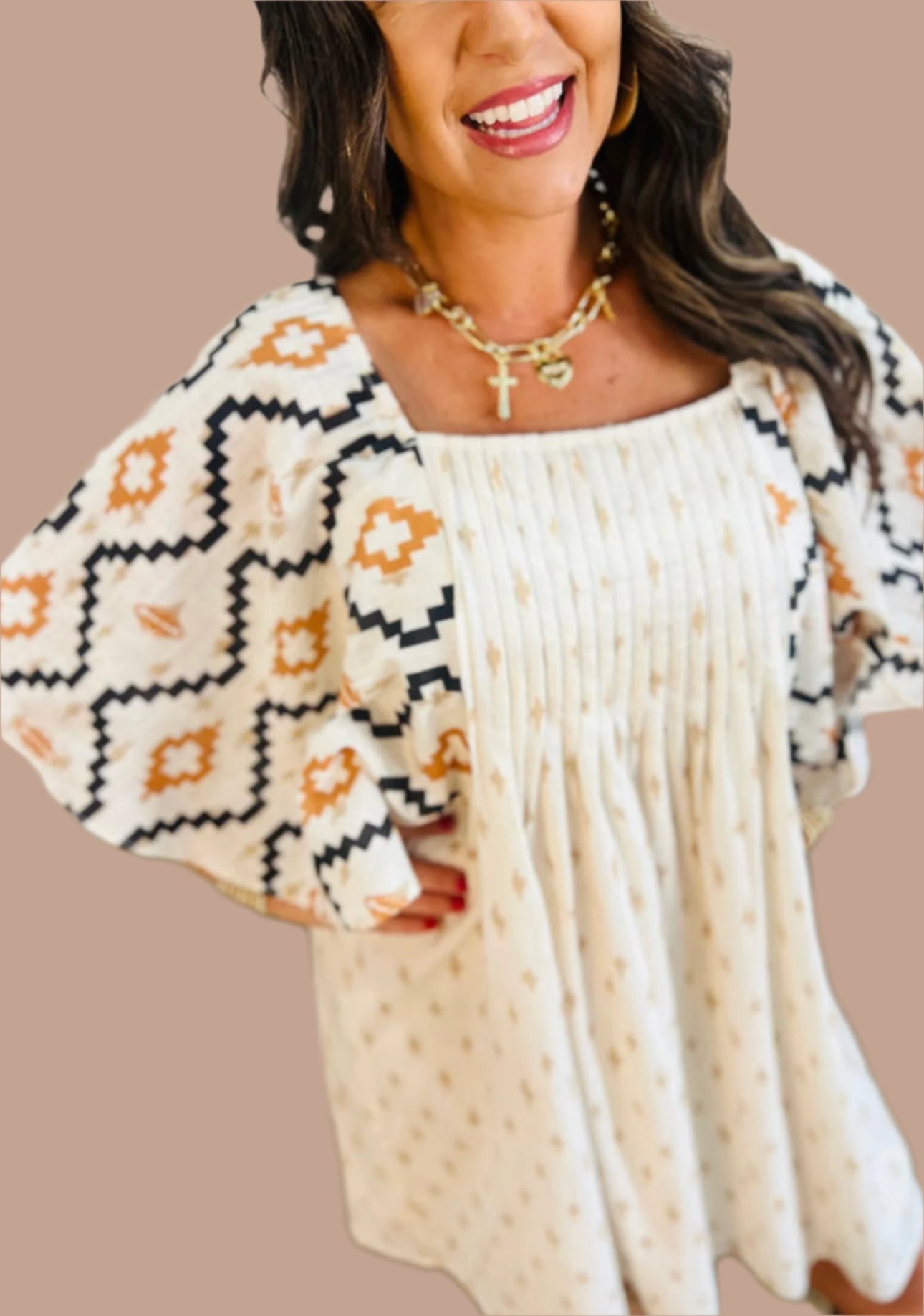 Aztec Print Pleated Square Neck Loose Mini Dress