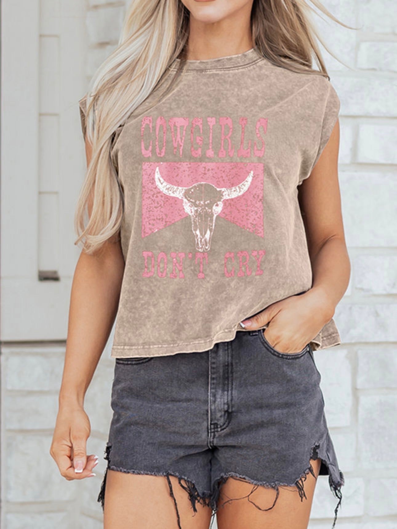 Smoke Gray COWGIRL'S DONT CRY Western Graphic Tank Top