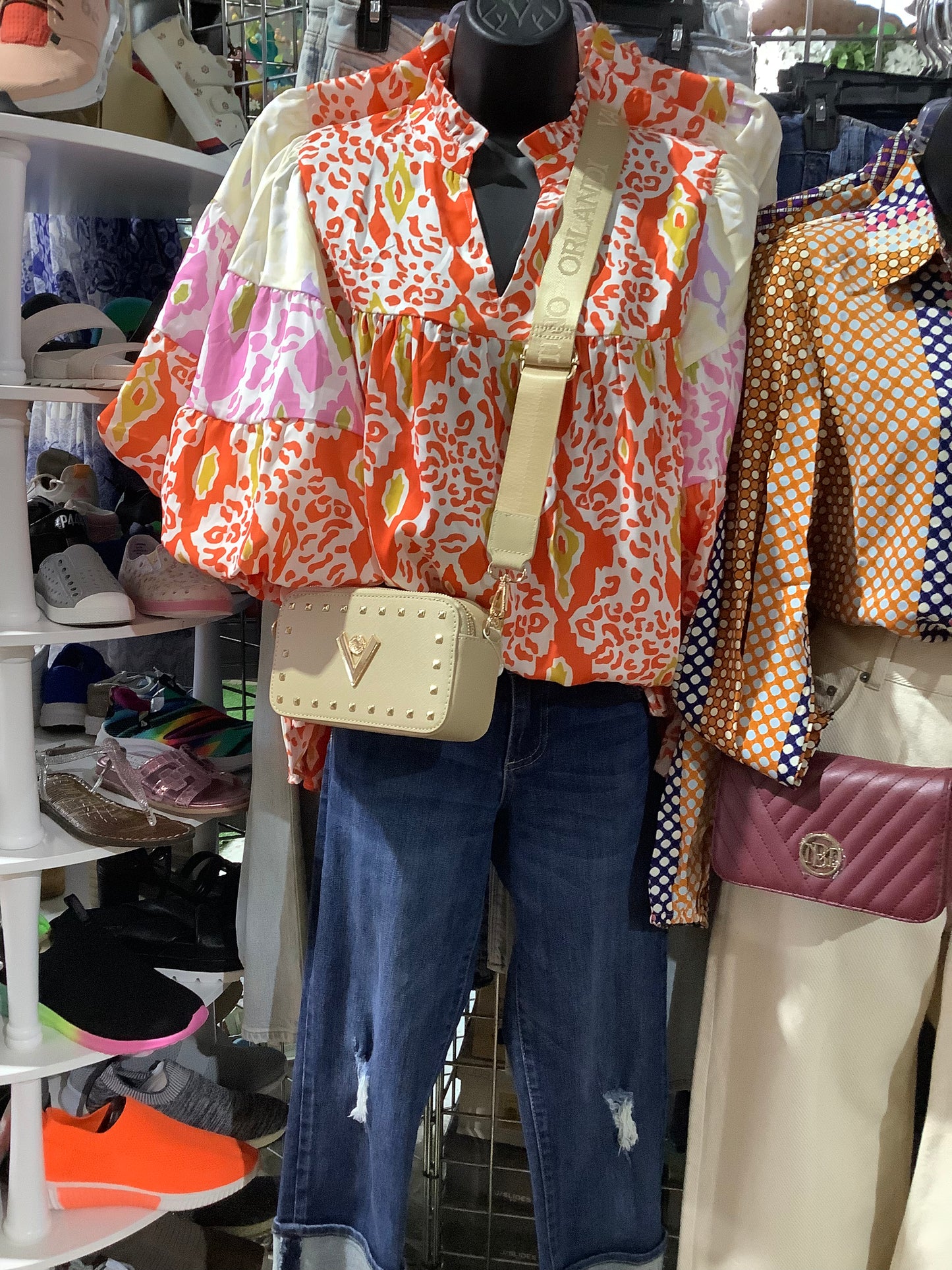 Orange Leopard Puff Sleeve Split Neck Blouse