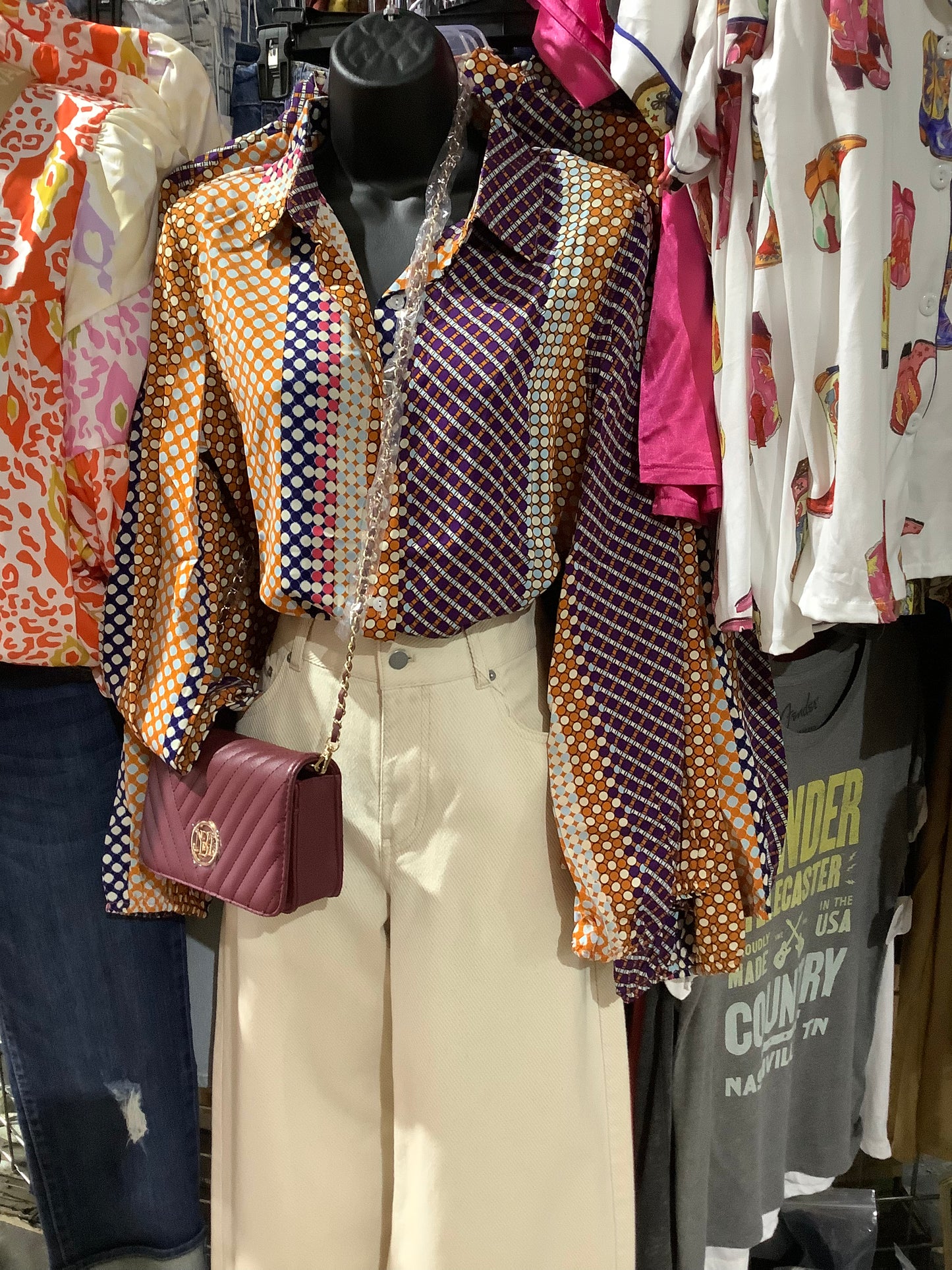 Brown Dot Print Long Sleeve Blouse