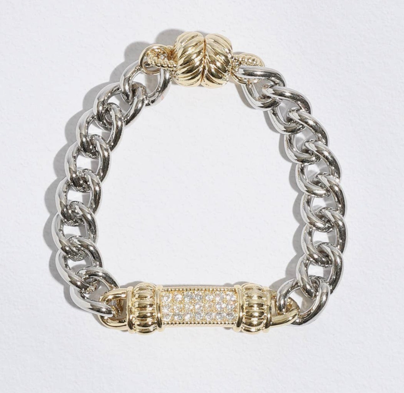 Cz Stone Paved Bar Pointed Chain Magnetic Bracelet