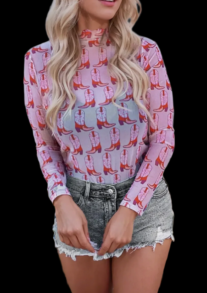 Cowgirl Boots Mesh Mock Neck Top