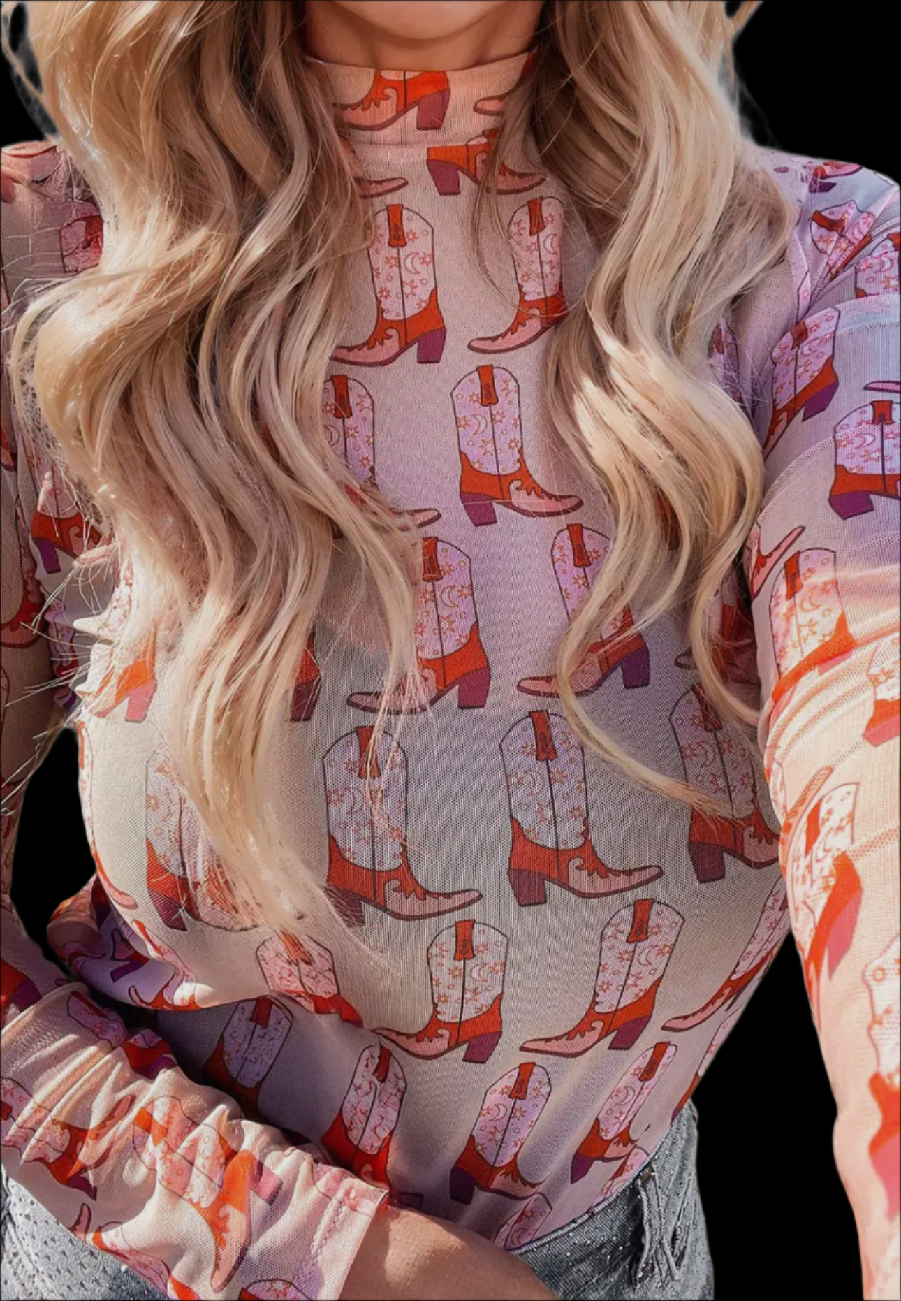 Cowgirl Boots Mesh Mock Neck Top