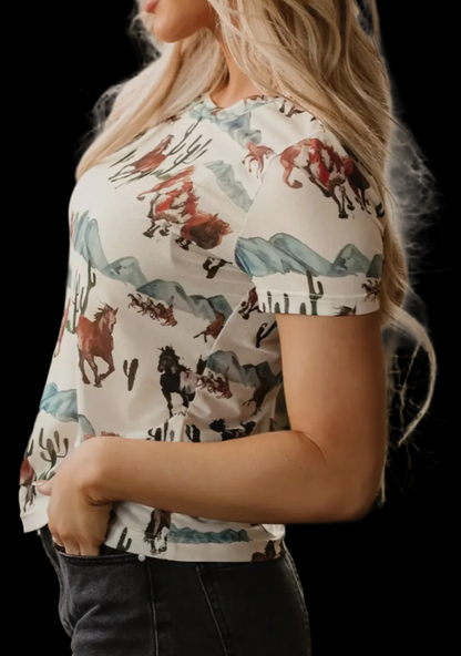 Western Fashion Mustang River Printed Mesh Top
