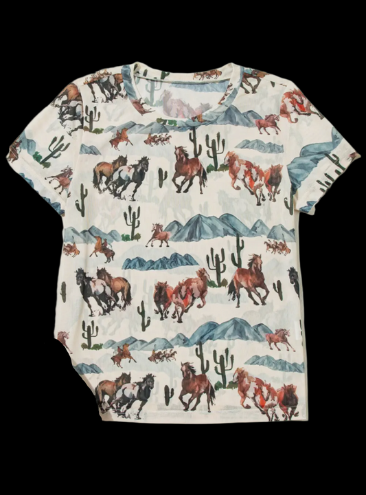 Western Fashion Mustang River Printed Mesh Top