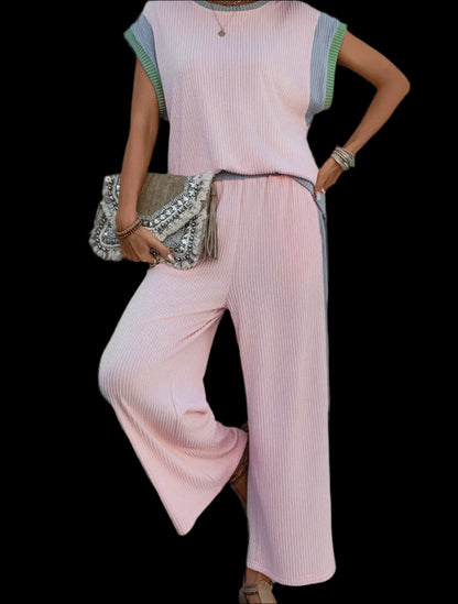 Colorblock Patchwork Short Sleeve Top and Wide Leg Pants