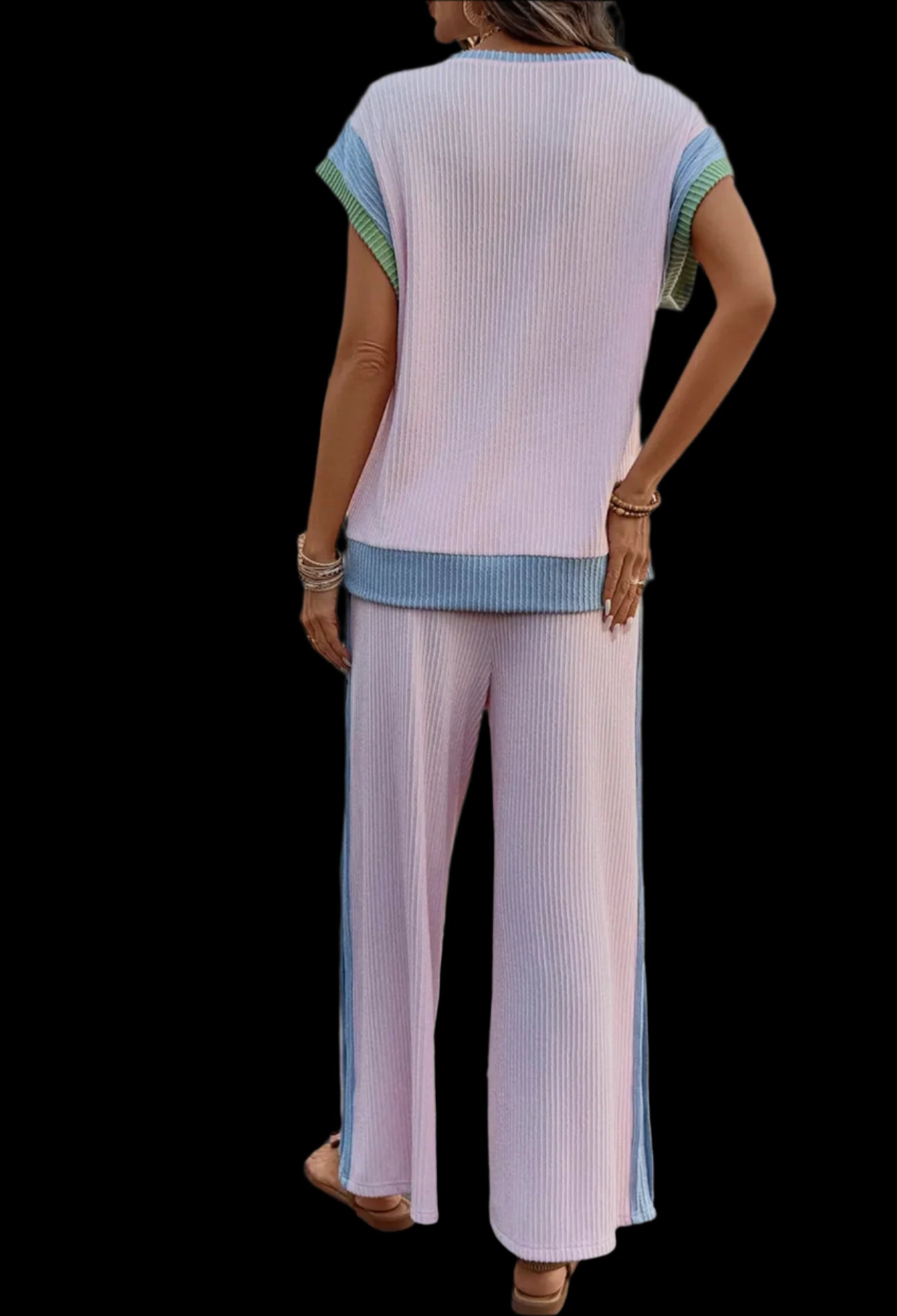 Colorblock Patchwork Short Sleeve Top and Wide Leg Pants