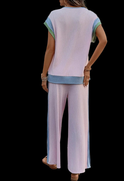 Colorblock Patchwork Short Sleeve Top and Wide Leg Pants