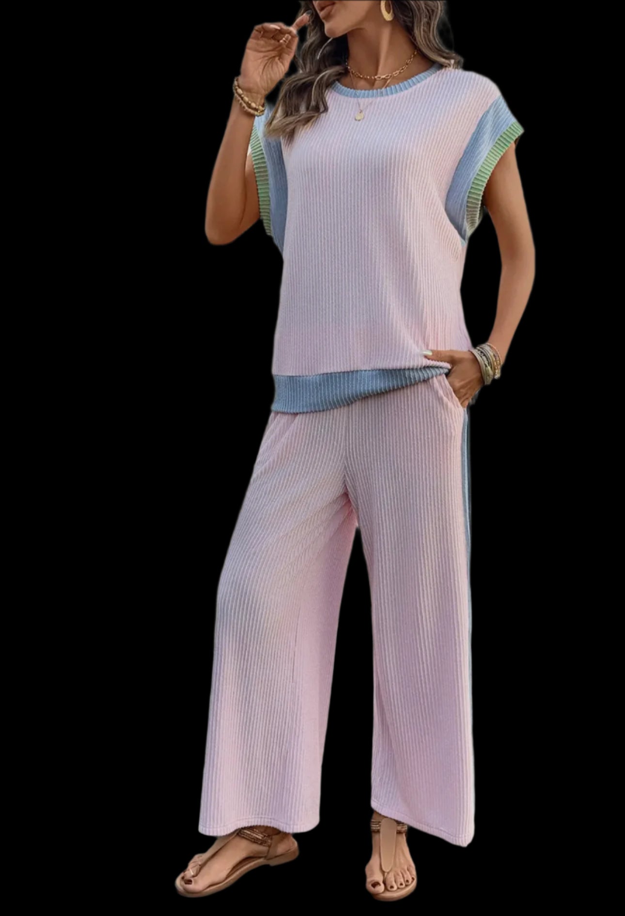 Colorblock Patchwork Short Sleeve Top and Wide Leg Pants
