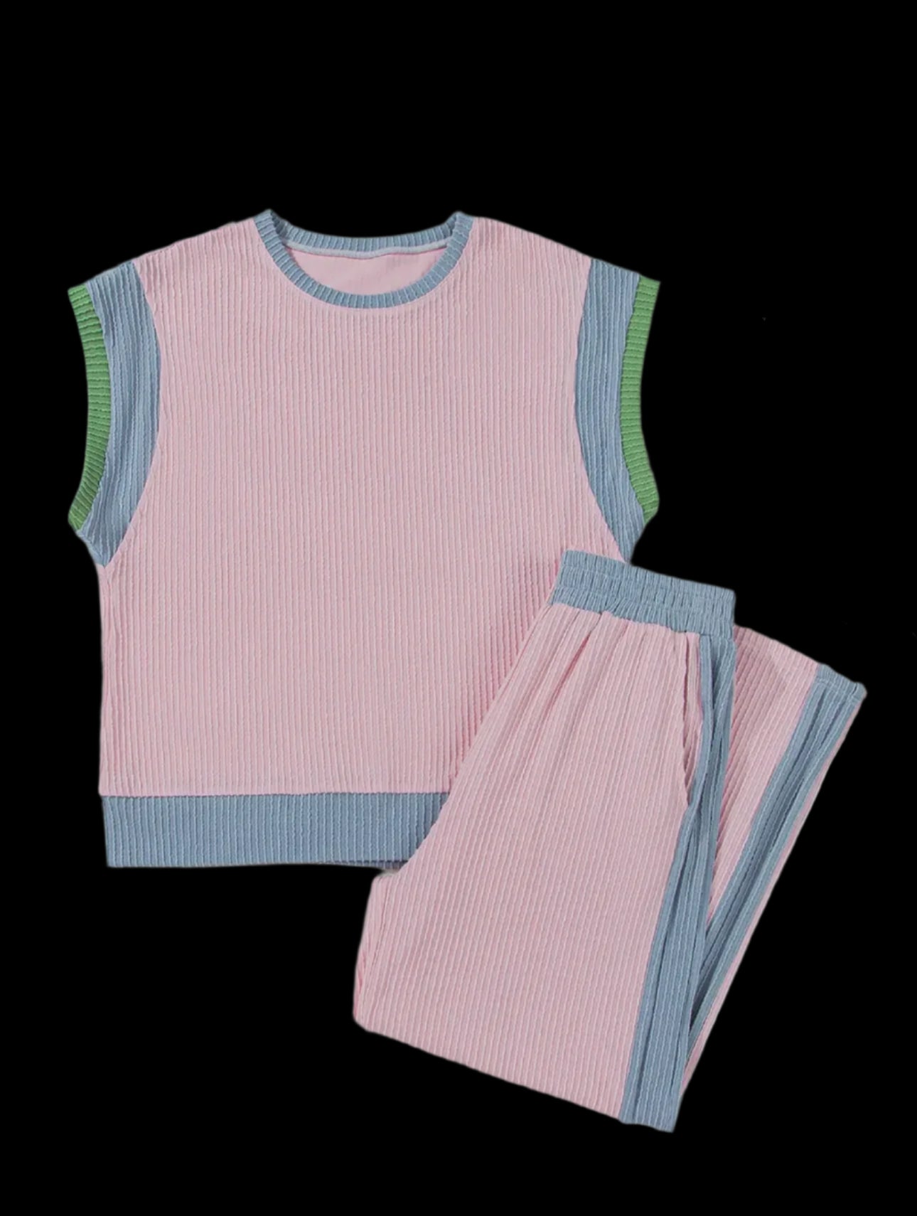 Colorblock Patchwork Short Sleeve Top and Wide Leg Pants