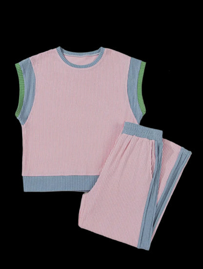 Colorblock Patchwork Short Sleeve Top and Wide Leg Pants