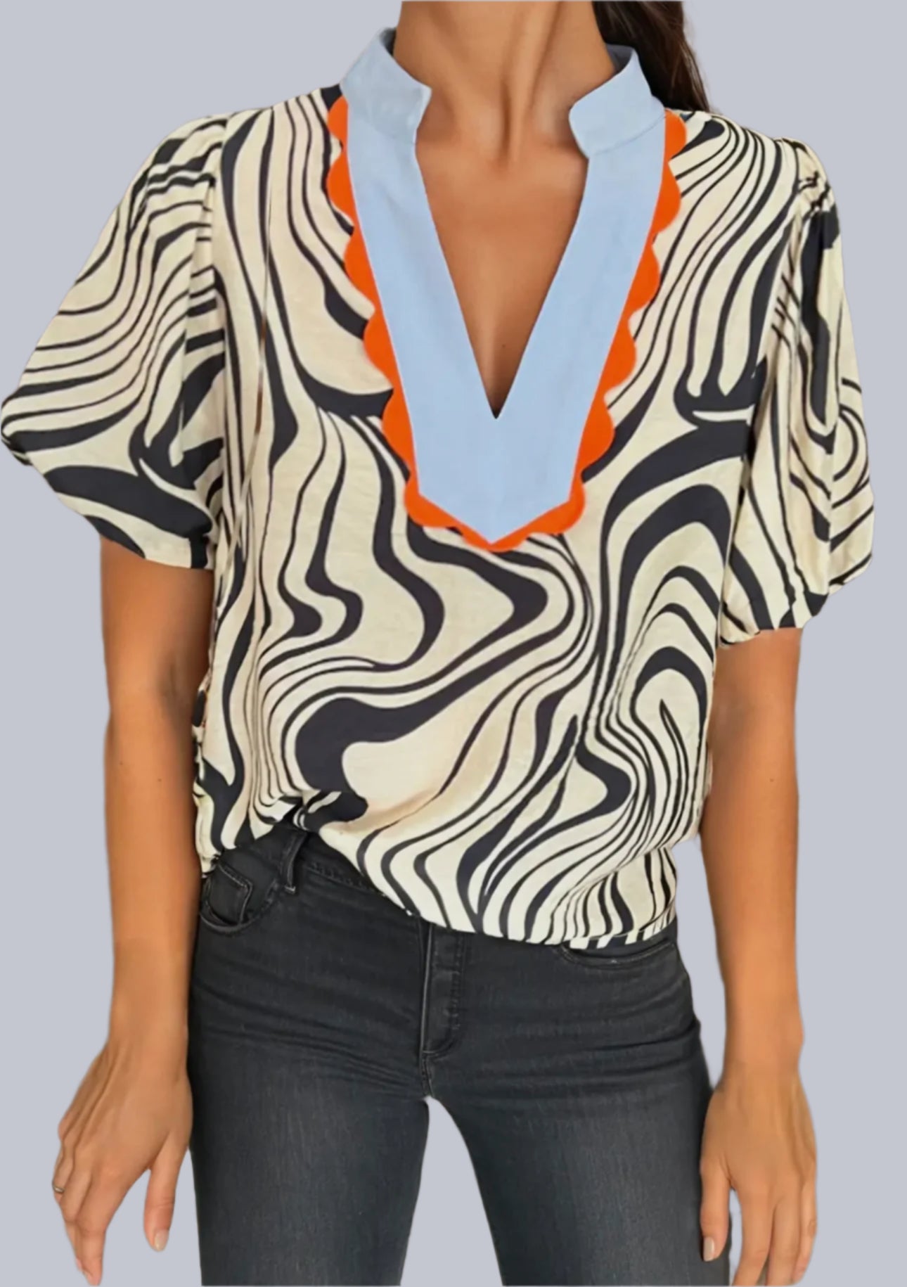 Zebra Stripe Contrast Ricrac Detail Blouse