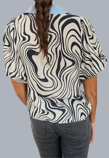 Zebra Stripe Contrast Ricrac Detail Blouse