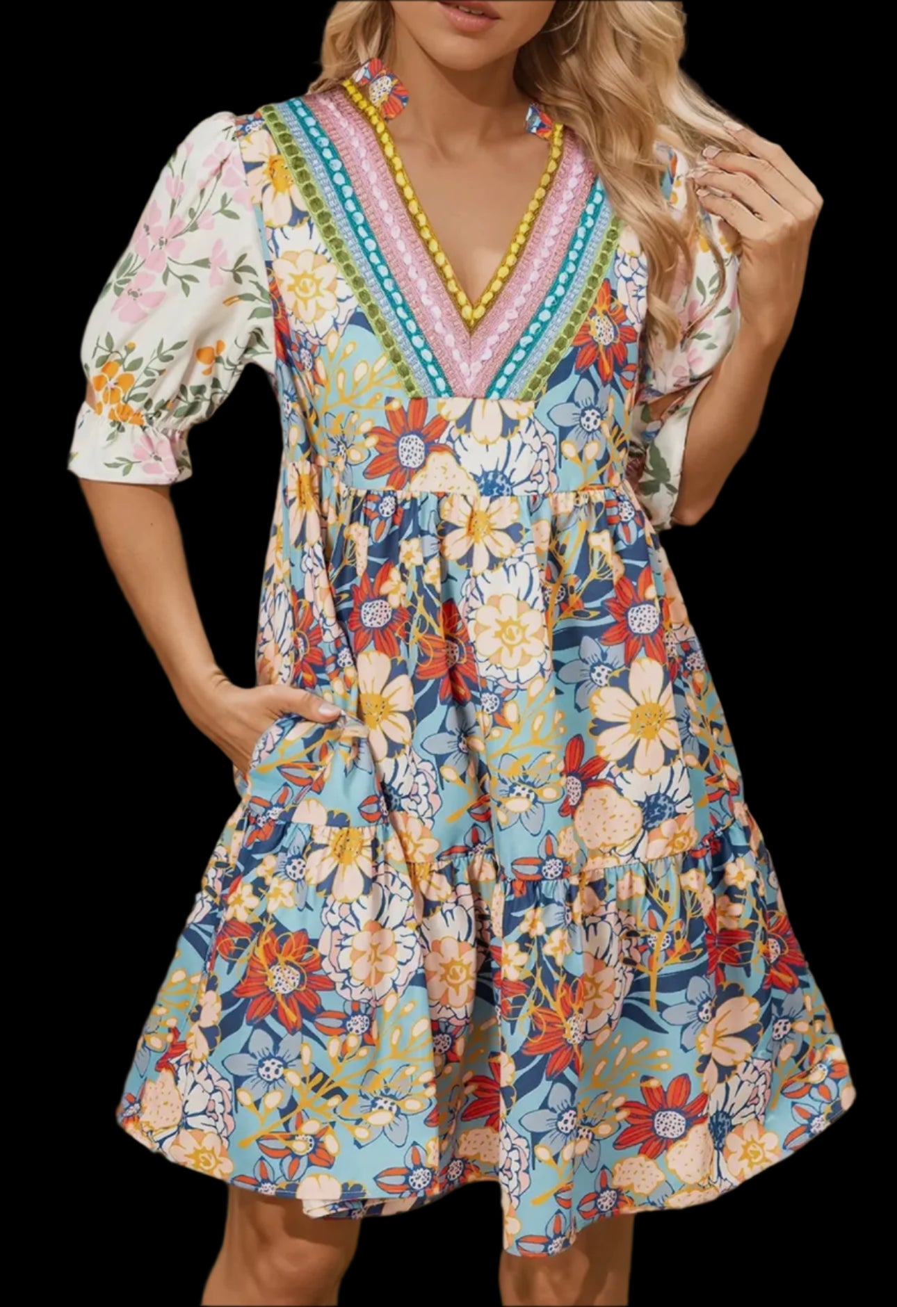 Boho Floral Crocket Patchwork Loose Mini Dress