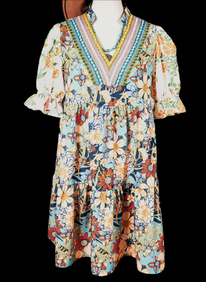 Boho Floral Crocket Patchwork Loose Mini Dress