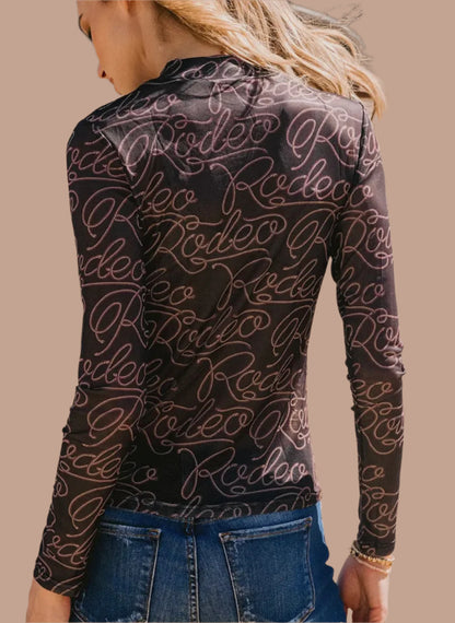 Black Western Rodeo Printed Mock Mesh Long Sleeve Top