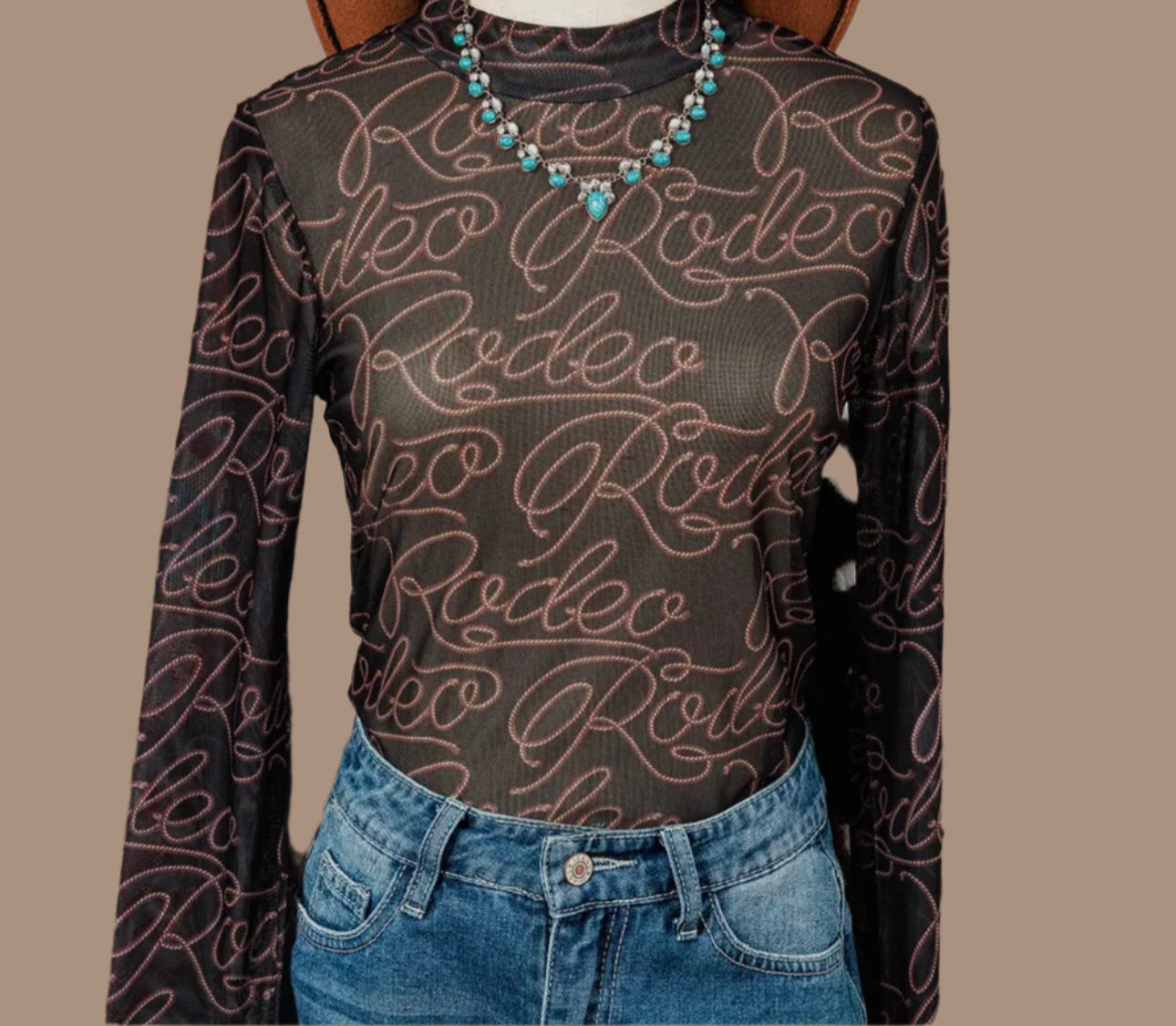 Black Western Rodeo Printed Mock Mesh Long Sleeve Top