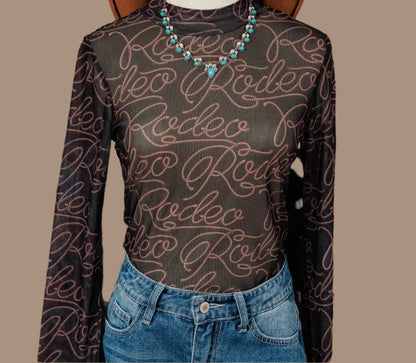 Black Western Rodeo Printed Mock Mesh Long Sleeve Top