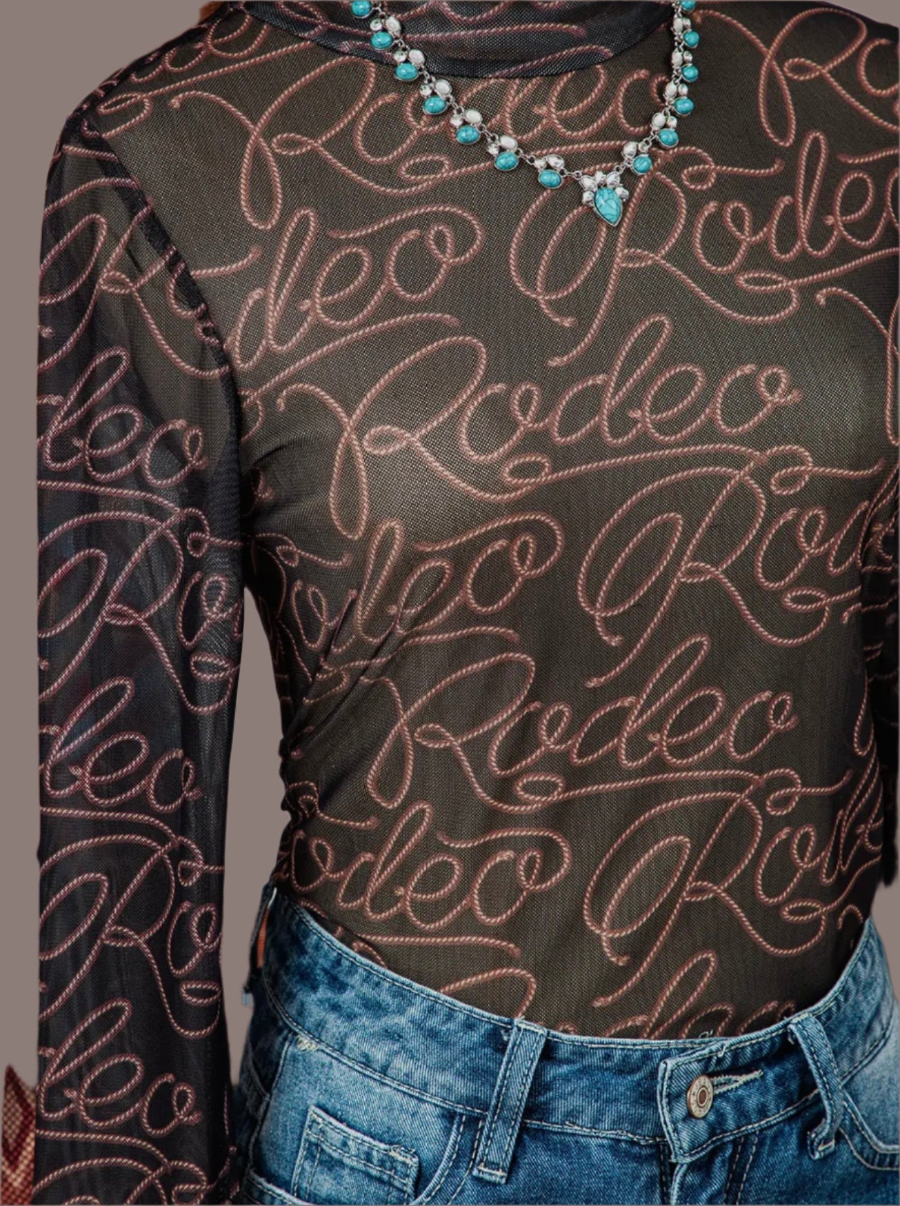 Black Western Rodeo Printed Mock Mesh Long Sleeve Top