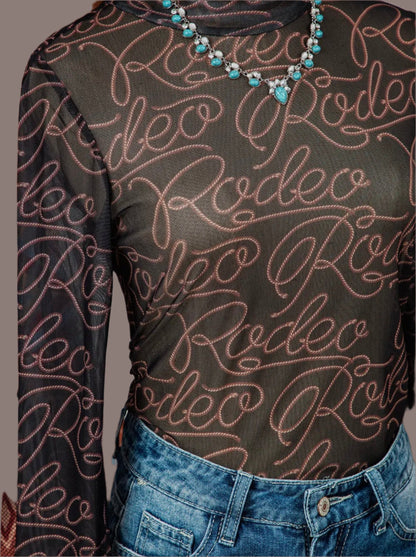 Black Western Rodeo Printed Mock Mesh Long Sleeve Top