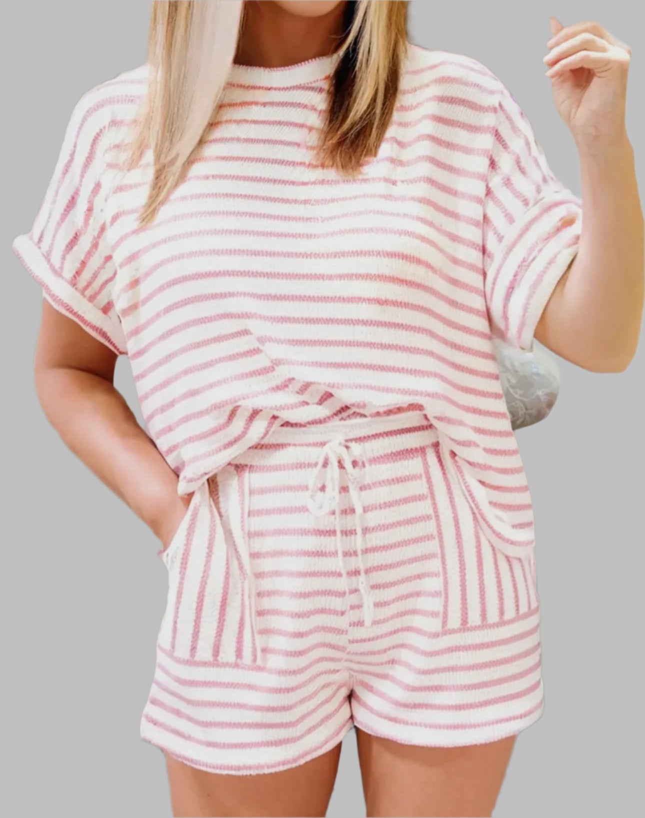 Stripe Knitted Top and Drawstring Shorts Set