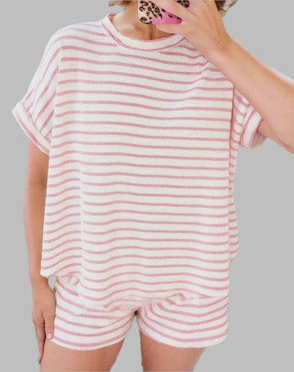 Stripe Knitted Top and Drawstring Shorts Set