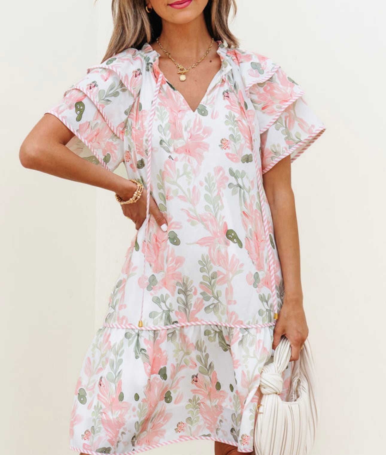 Floral Contrast Edge Short Sleeve Tied Neck Mini Dress