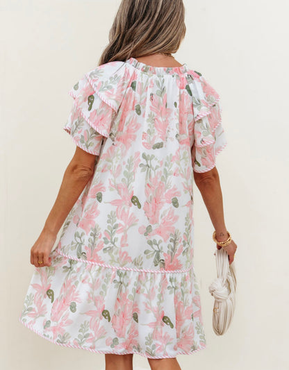 Floral Contrast Edge Short Sleeve Tied Neck Mini Dress