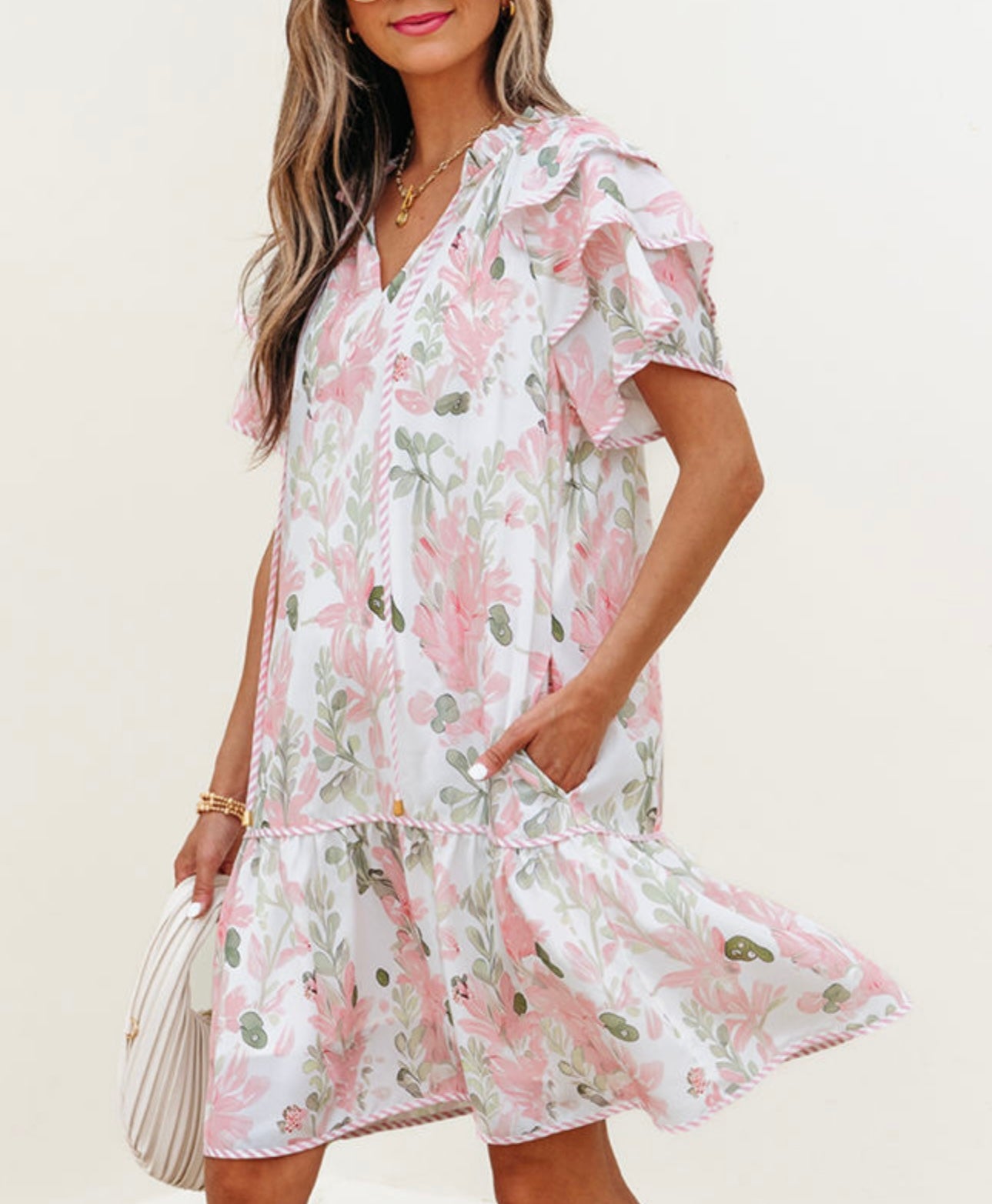 Floral Contrast Edge Short Sleeve Tied Neck Mini Dress