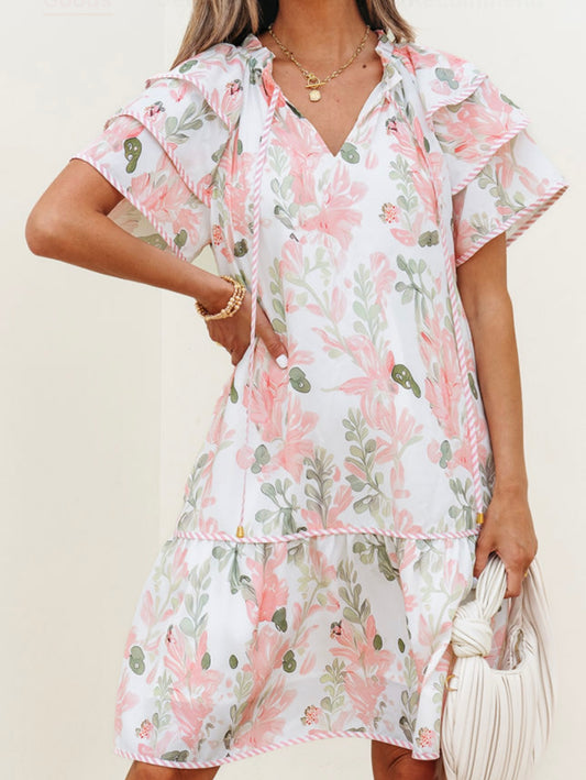 Floral Contrast Edge Short Sleeve Tied Neck Mini Dress