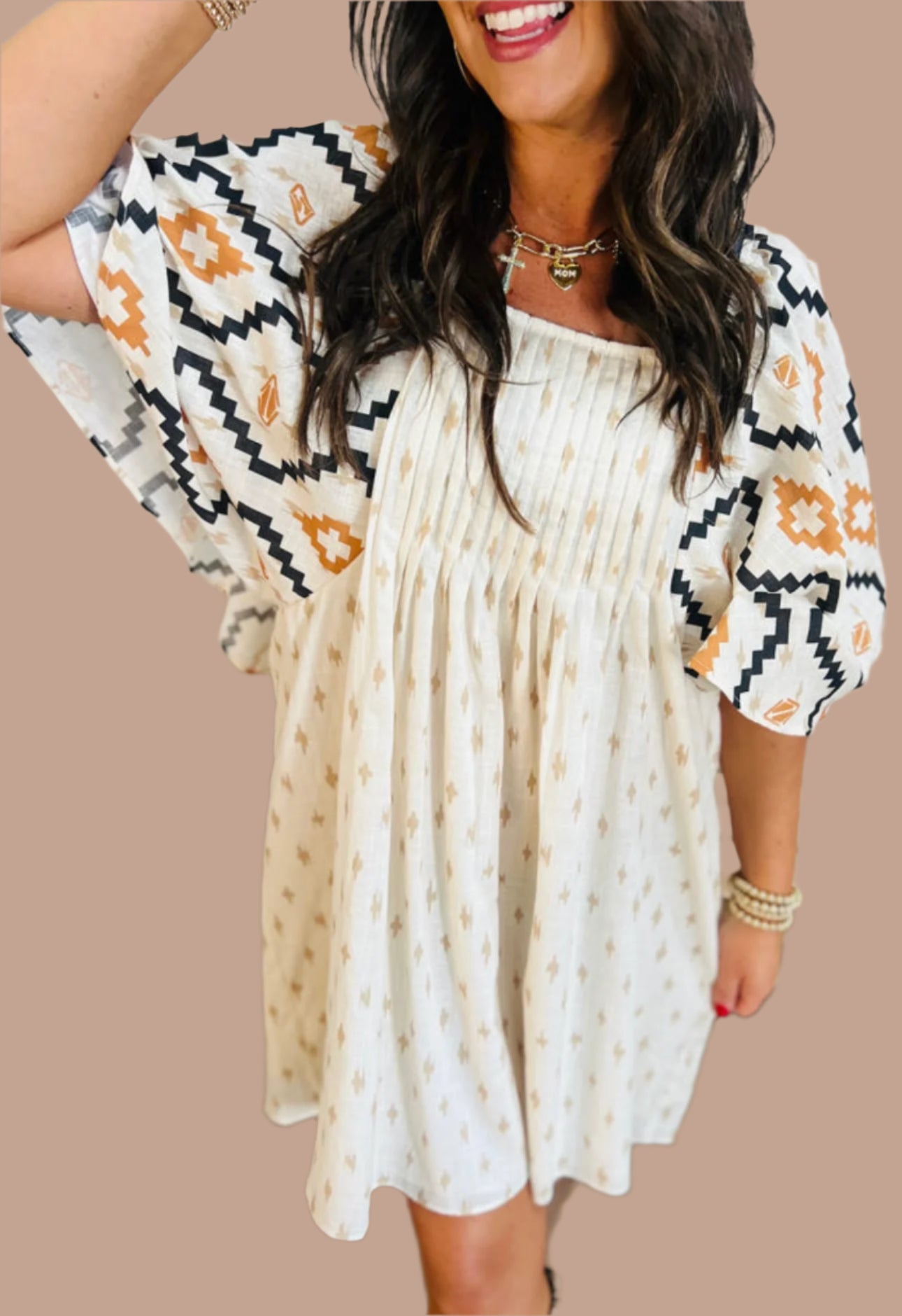 Aztec Print Pleated Square Neck Loose Mini Dress