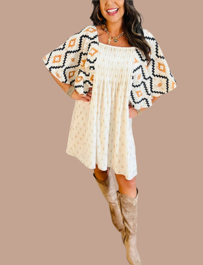 Aztec Print Pleated Square Neck Loose Mini Dress