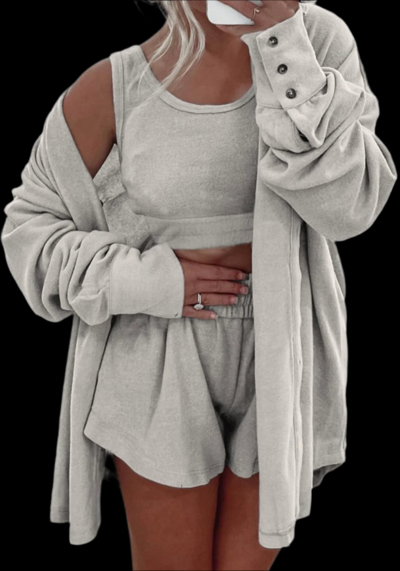 3 Piece Crop Tank top Shorts with Cardigan Lounge set