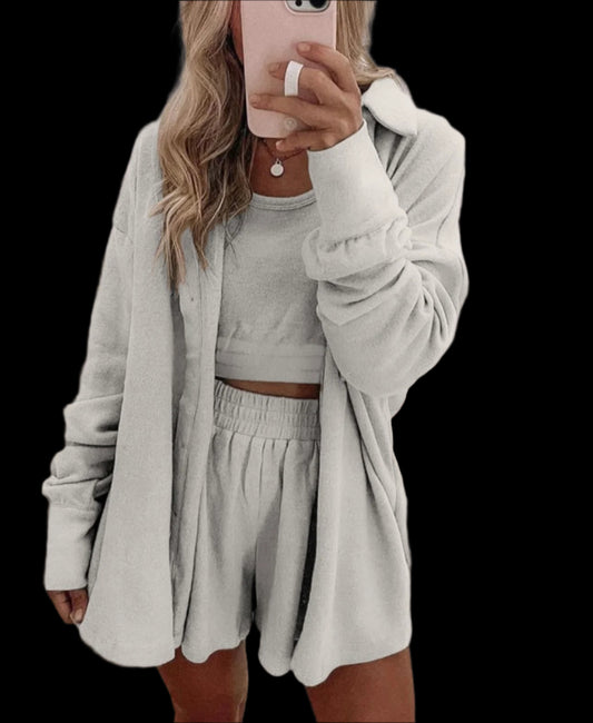 3 Piece Crop Tank top Shorts with Cardigan Lounge set