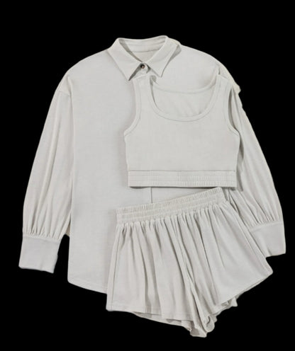 3 Piece Crop Tank top Shorts with Cardigan Lounge set