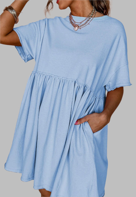 Sky Blue Pocketed Raw Edge Babydoll Dress