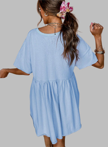 Sky Blue Pocketed Raw Edge Babydoll Dress
