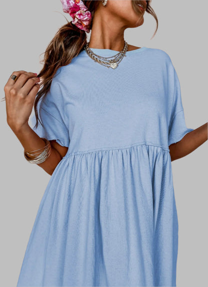 Sky Blue Pocketed Raw Edge Babydoll Dress