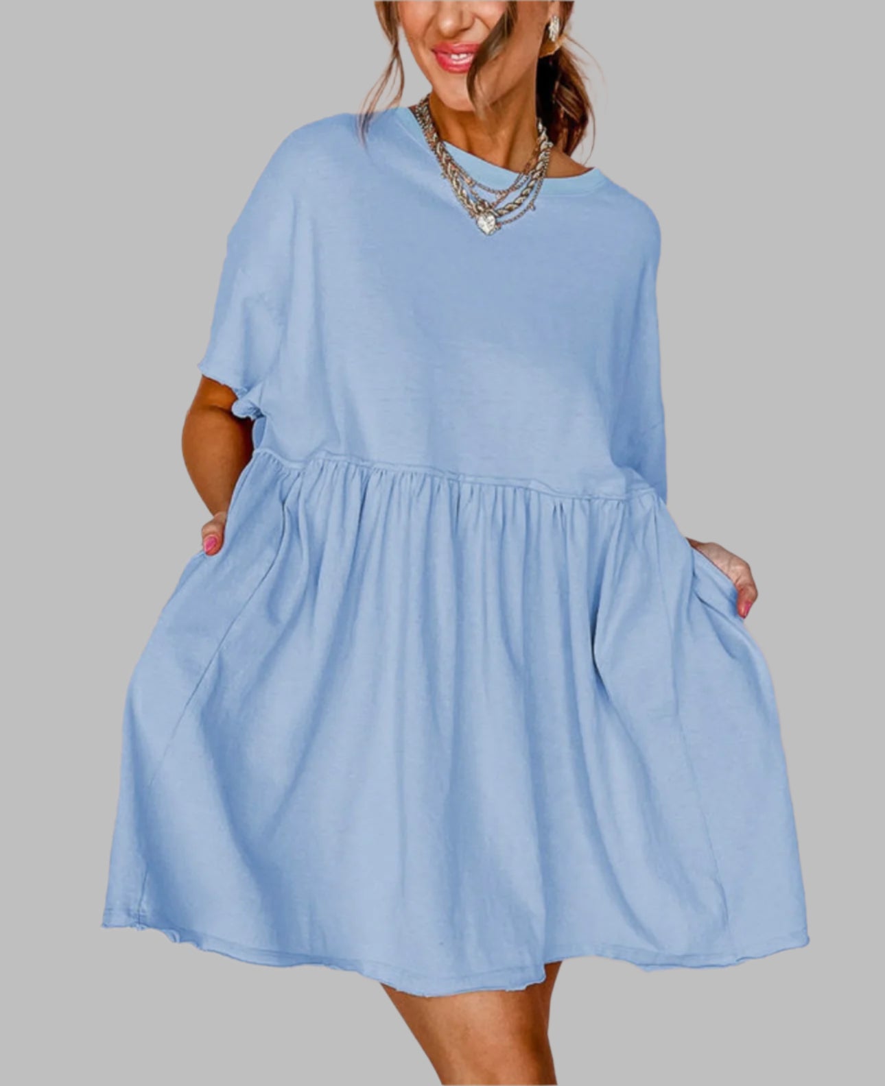 Sky Blue Pocketed Raw Edge Babydoll Dress