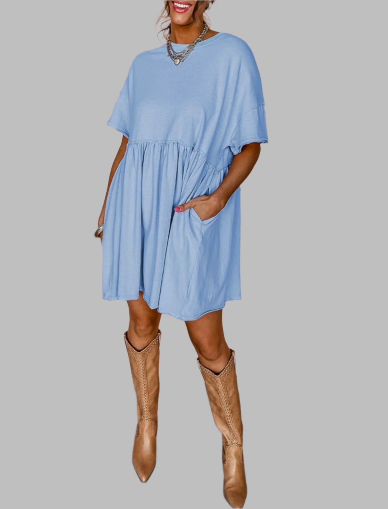 Sky Blue Pocketed Raw Edge Babydoll Dress