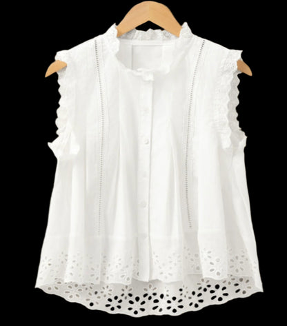 Lace Crochet Eyelets Sleeveless Buttoned Shirt
