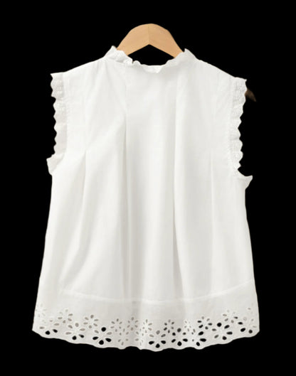 Lace Crochet Eyelets Sleeveless Buttoned Shirt