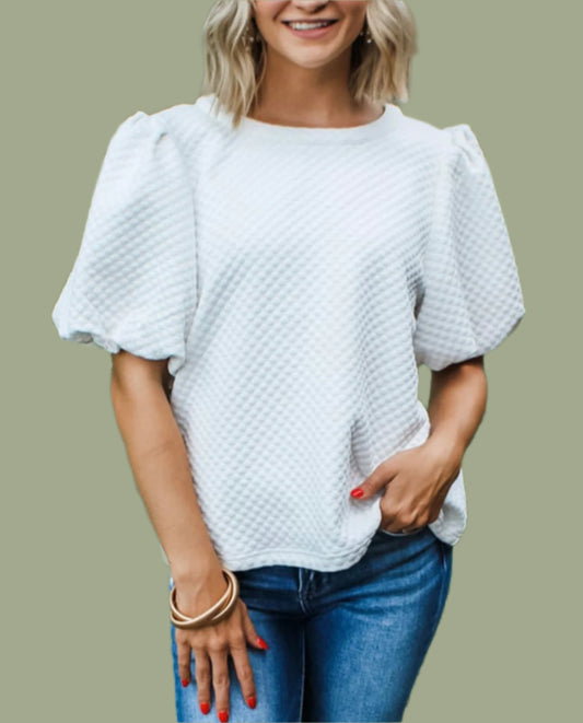 Solid Textured O Neck Puff Sleeve Blouse