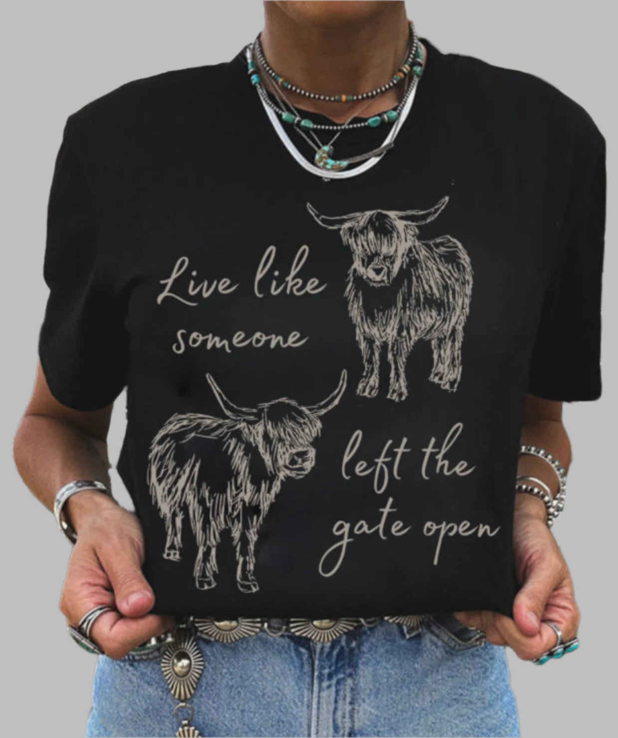 Western Cow Print Round Neck Casual Tee Shirt