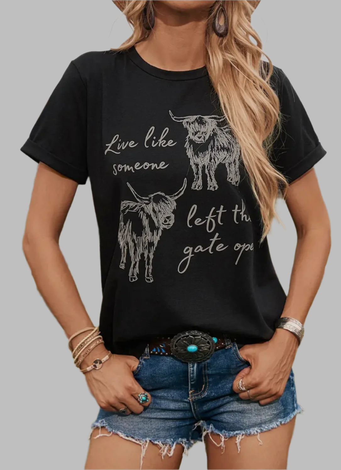 Western Cow Print Round Neck Casual Tee Shirt