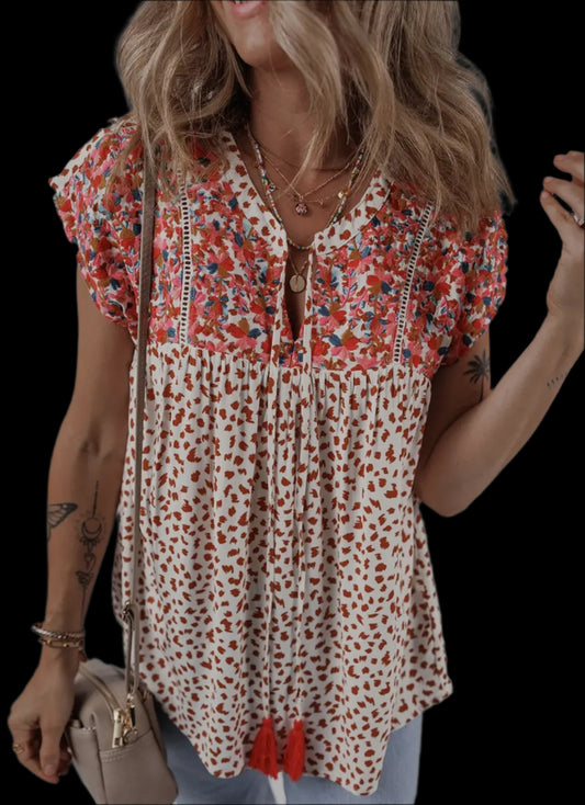 Embroidery Detail Tie Split Neck Blouse
