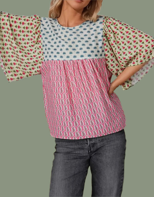 Floral Colorblock Flutter Cape Style Blouse