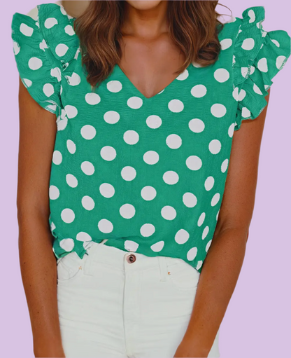 Polka Dot Print Ruffled Sleeve V Neck Blouse