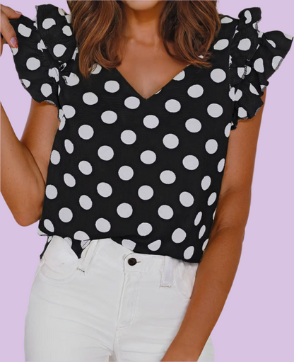 Polka Dot Print Ruffled Sleeve V Neck Blouse
